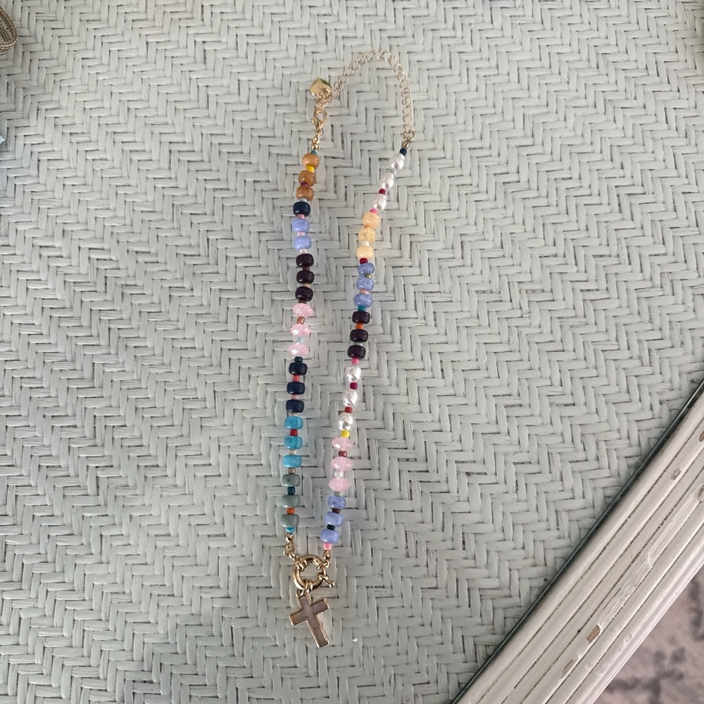 Multicolor Beaded Necklace with Cross Pendant